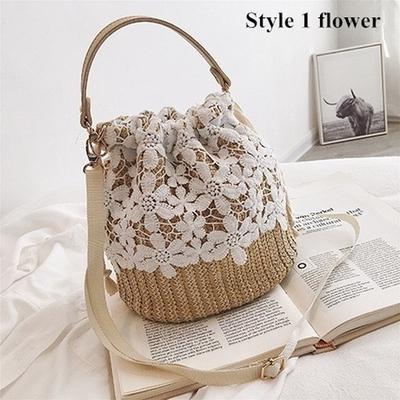 New Straw Plaited Article Women Lace Bucket Bag Causal Holiday Beach Bag Elegant Lace Staw Bag Shoul
