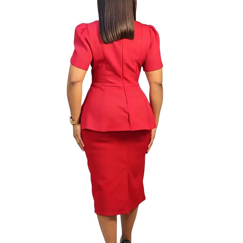 Women Plus Size Turn Down Collar Elegant Casual Two Piece Skirt Suit