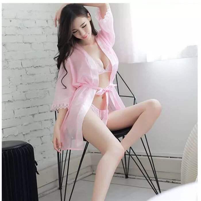 Plus Size Tulle Lace Lingerie Set: Nightgown, Bathrobe, Open Crotch Panties