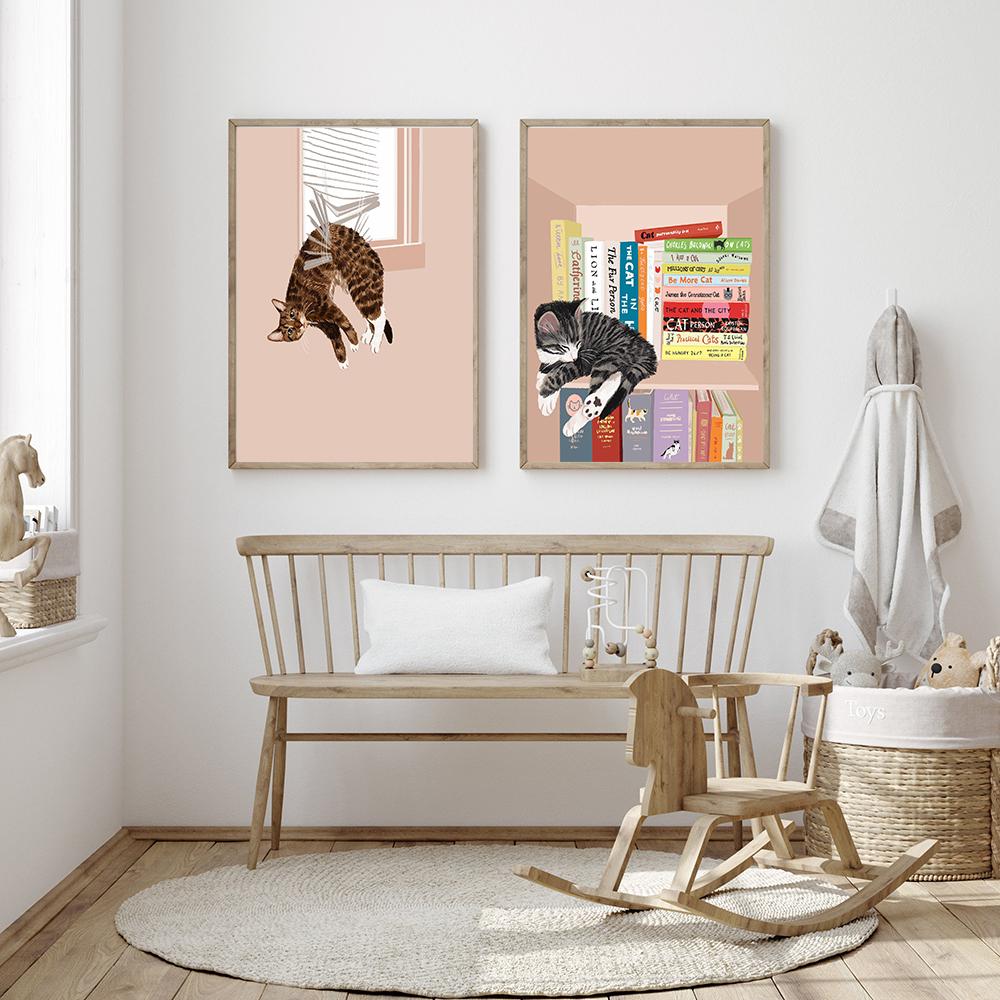 Lustige Katze Grüne Pflanzen Boho Wandkunst Leinwandmalerei Nordische Poster und Drucke Moderne Wandbilder für Wohnzimmer Heimdekor