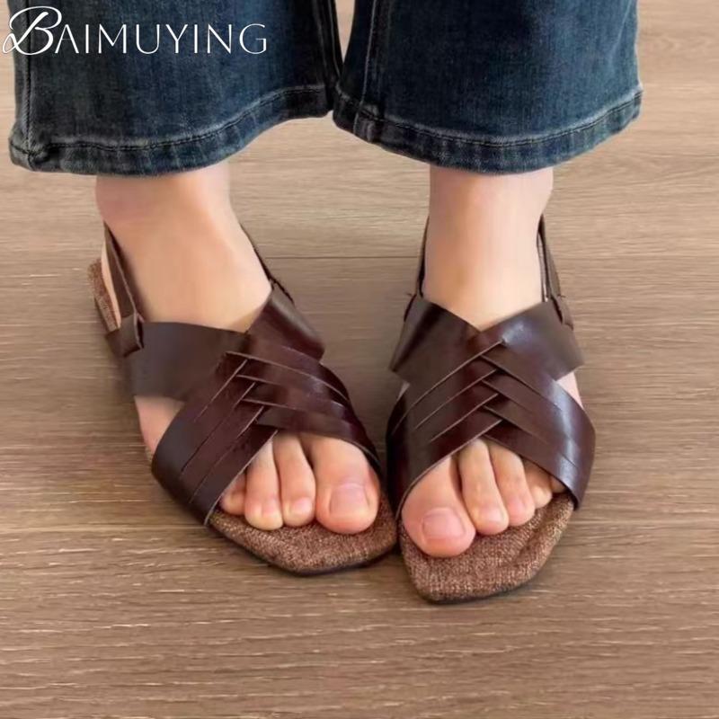 Mode Damen Sandalen Eckige Zehenpartie Flache Flecht-Freizeitschuhe Frau Loafers 2025 Trend Sommer Flach Komfort Sandalen Für Damen Übergröße