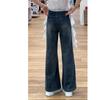 Women's Plus Size Fleece-Lined Micro-Flared Jeans, 2024 Autumn/Winter, Slimming, Straight-Leg Wide-Leg Style.