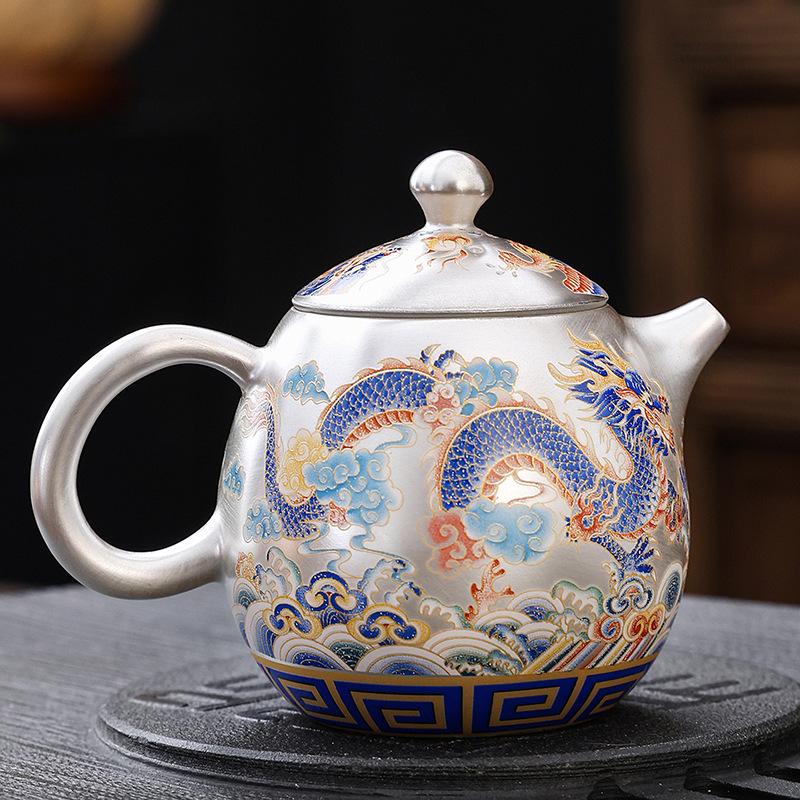 Luxury Dragon & Phoenix Silver-Plated Tea Set: One Pot, Two Cups, Dragon Egg Infuser, Gift Box Included