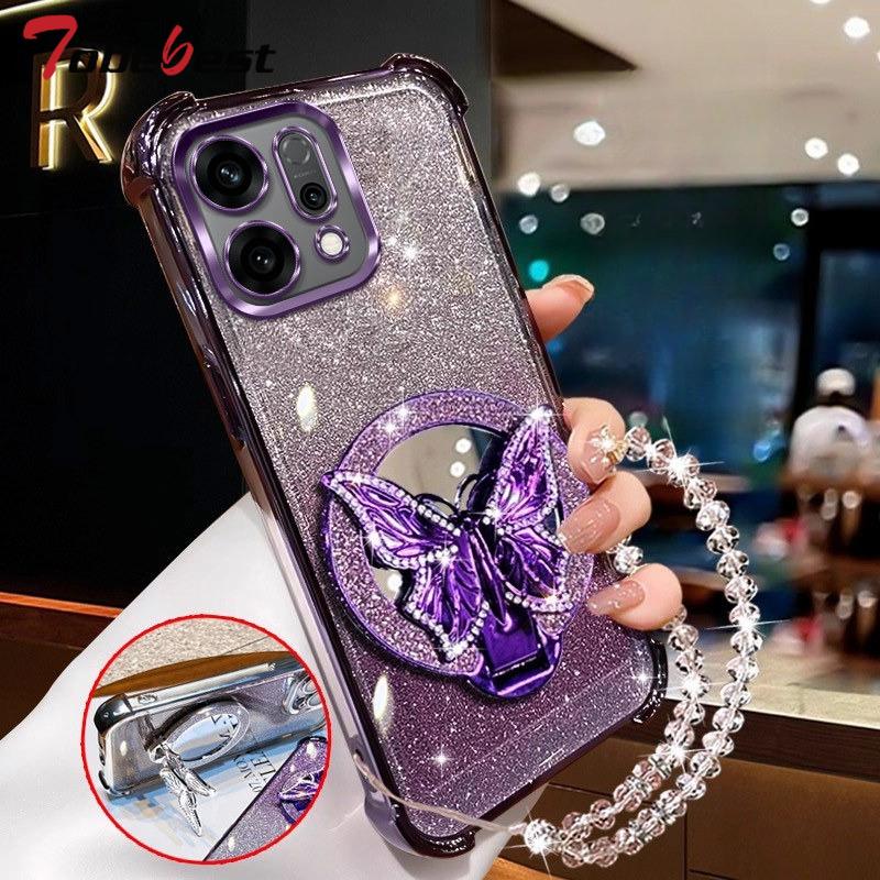 Glitter Butterfly Mirror Crystal Bracelet Case For OPPO Reno 14 13 12 11 10 Pro Plus Shockproof Plating Silicone Cover