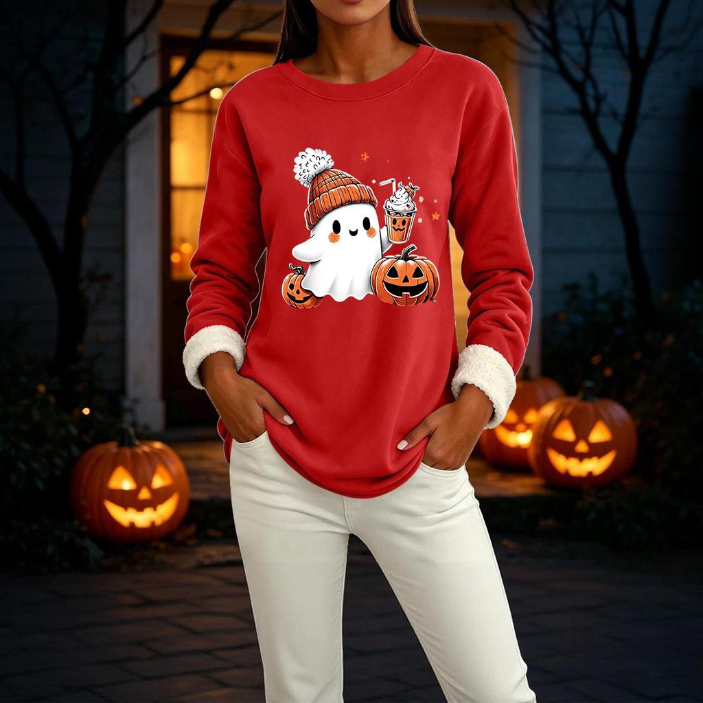 Women's -Lined Long Sleeve Round Neck Sweatshirt with Halloween Print for Winter Casual Wear