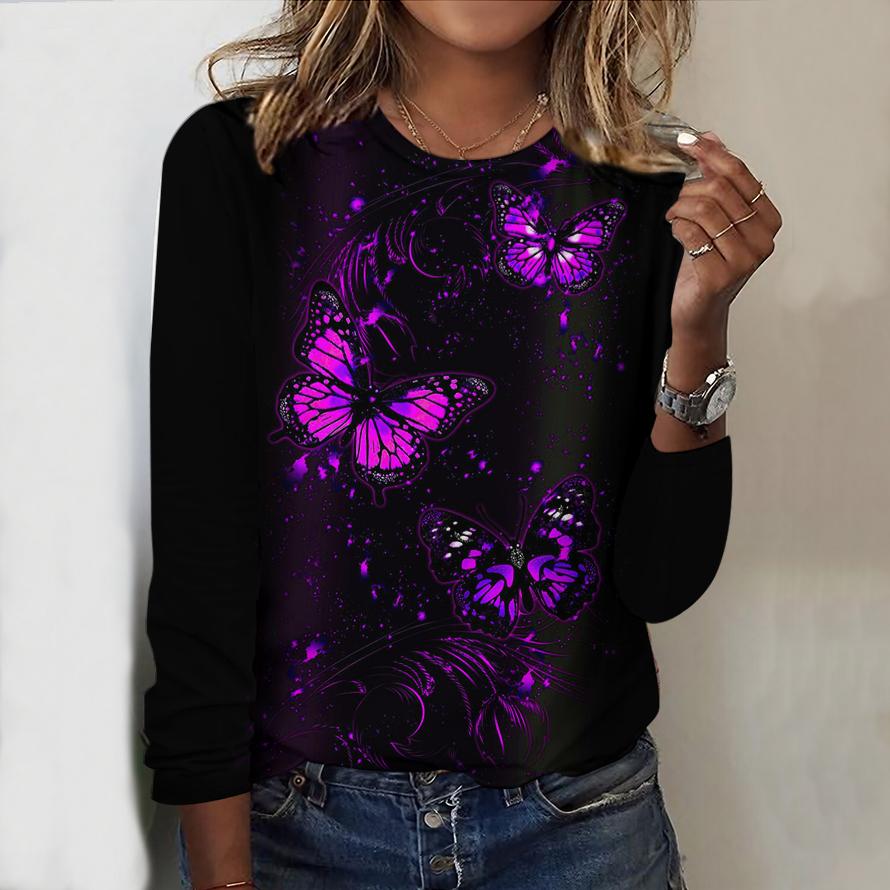 Tops For Women Wheat Ear Butterfly Print Round Neck Long Sleeve T-shirt Fall Casual Slim Pullover Women's Long Sleeve Top