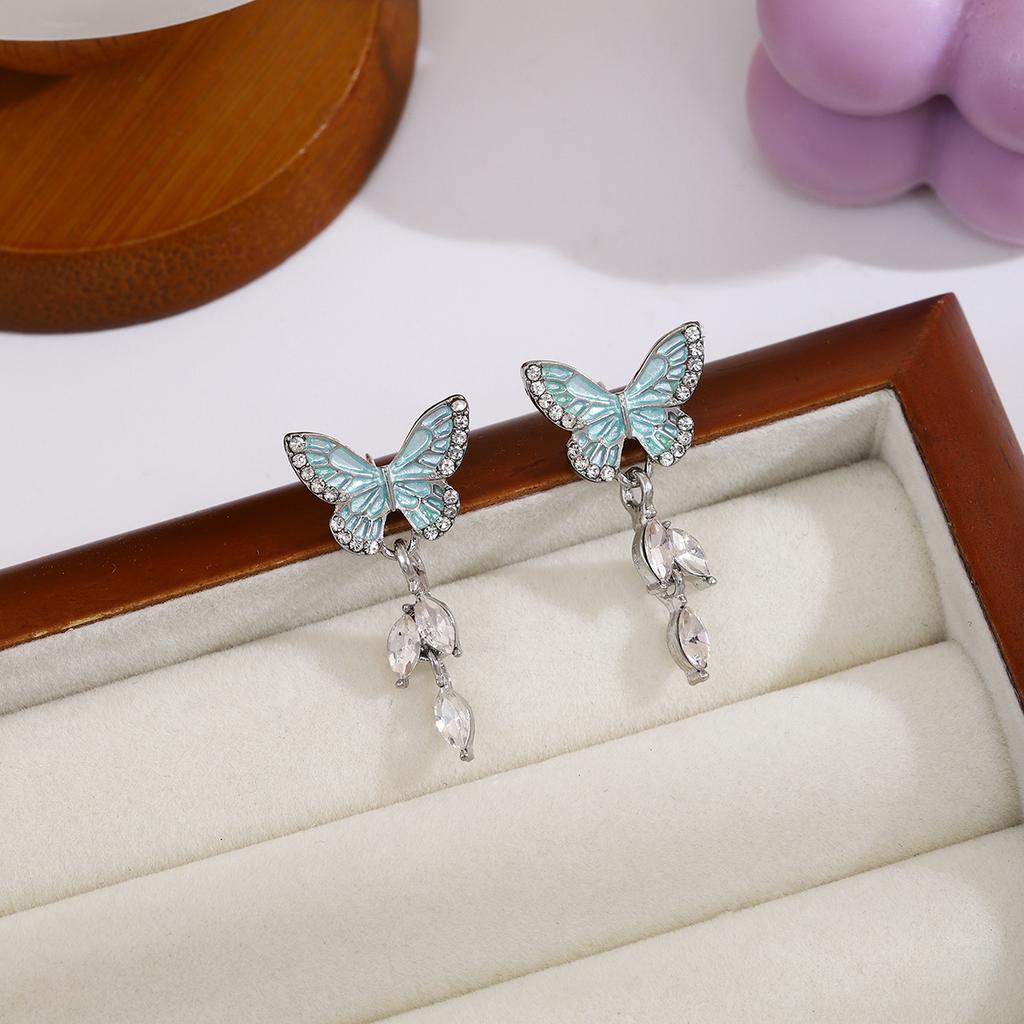 Diamond-Set Blue Oil-Dripping Butterfly Earrings, Light Luxury Niche Design, Water-Dripping Fringed Sweet Earrings.