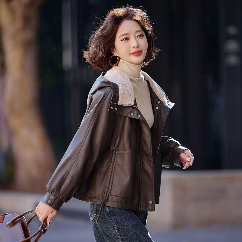 

Флисовая утепленная теплая кожаная куртка женская зимняя маленькая повседневная свободная меховая куртка топ куртка с капюшоном M 95-107 хаки