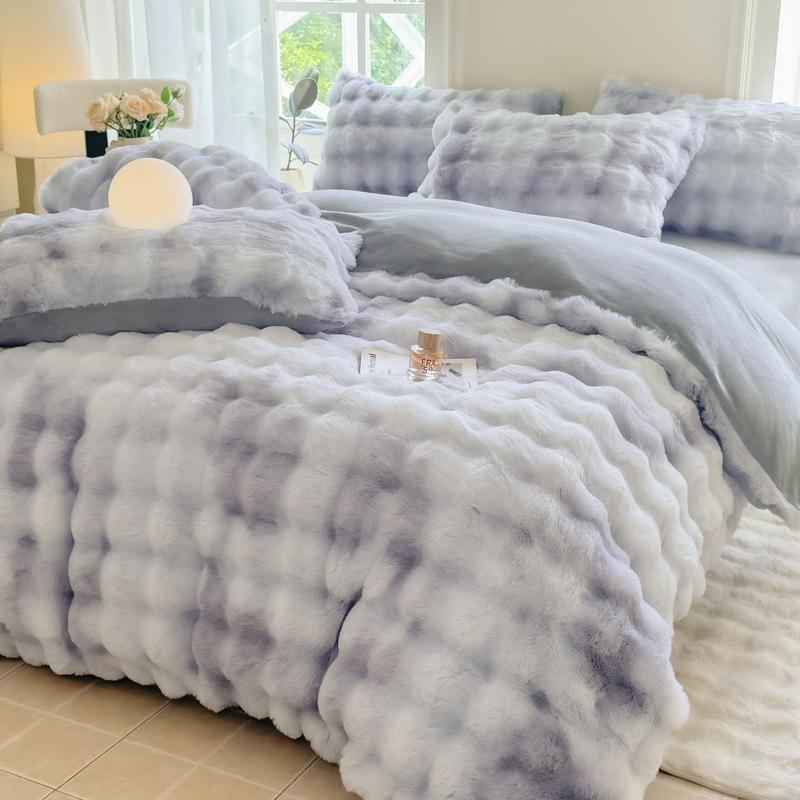 Winter Rabbit Fur & Milk Velvet Four-Piece Bedding Set with Fleece Duvet Cover - High GSM, Perfect for Dormitory.