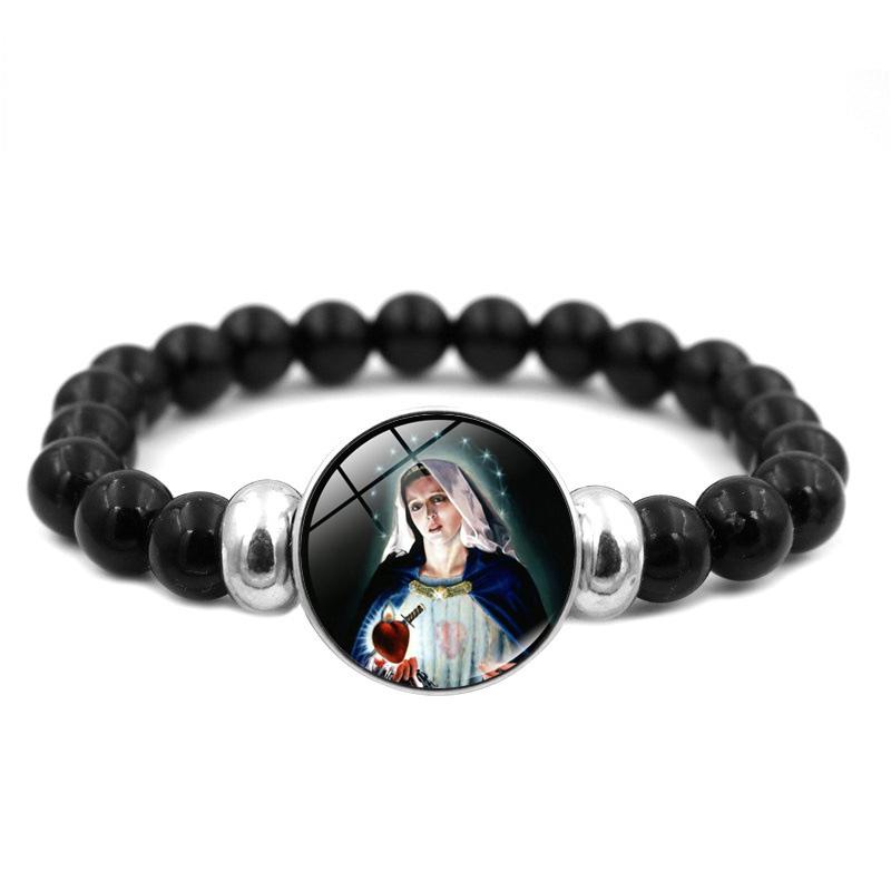 Christliches Jesus-Armband mit schwarzen Perlen, elastischer Schmuck, Jungfrau Maria, Glas-Druckknopf-Armbänder für Männer und Frauen, katholische Geschenke