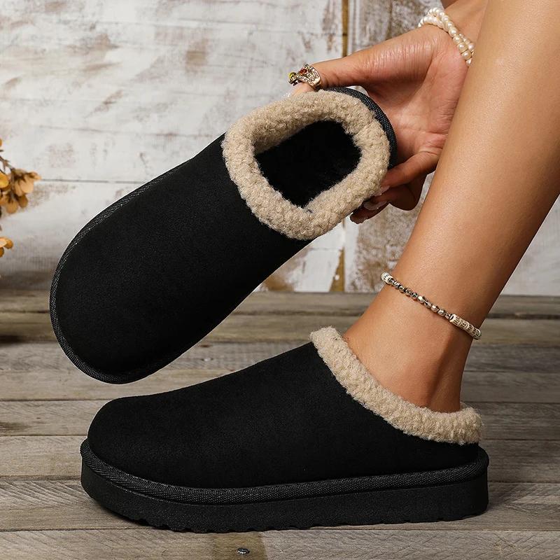 Cozy Plush Warm Winter Slippers for Women Non Slip Indoor Outdoor Fleece Cotton Shoes Woman Solid Color Faux Fur House Slippers