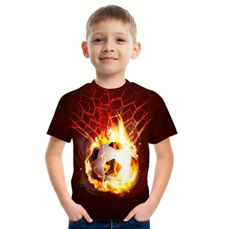 Summer Round Neck 3D Flame Football Printed Top Fashionable Casual Short Sleeved Children's Boy T-shirts