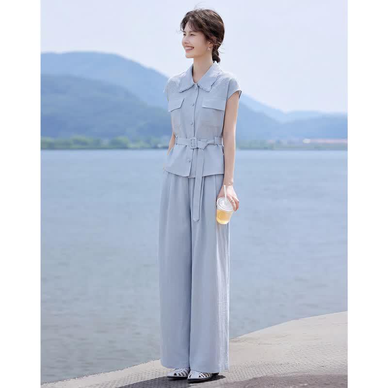 Women's Embroidered Textured Wide-leg Pants Two-piece Casual Set
