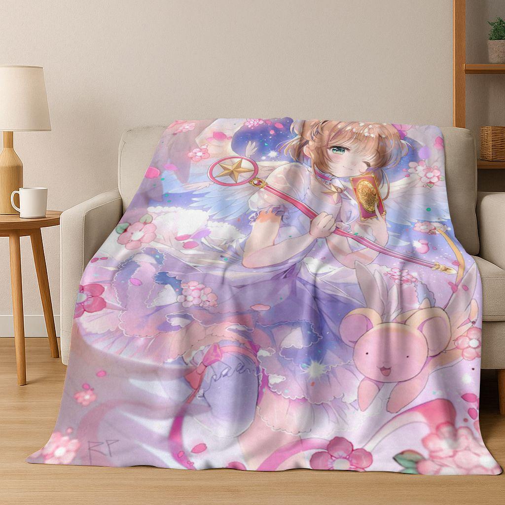 Cute Cartoon Card Captor Sakura Magic Girl Anime Art Flannel Blanket,Cozy Soft Throw Blanket for Home Bedroom Bed Sofa Cover Kid