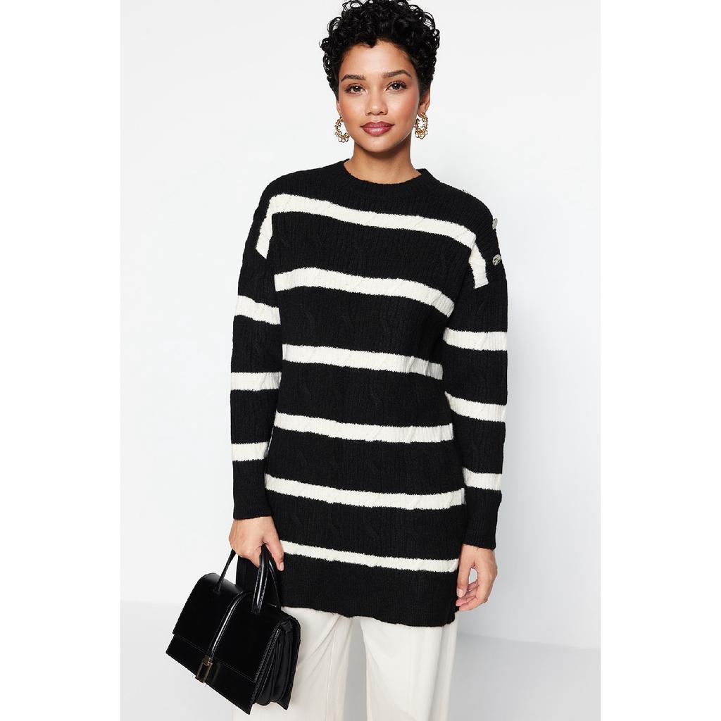 Ecru gestreifter Strickpullover mit Knöpfen Tctaw23ak00063