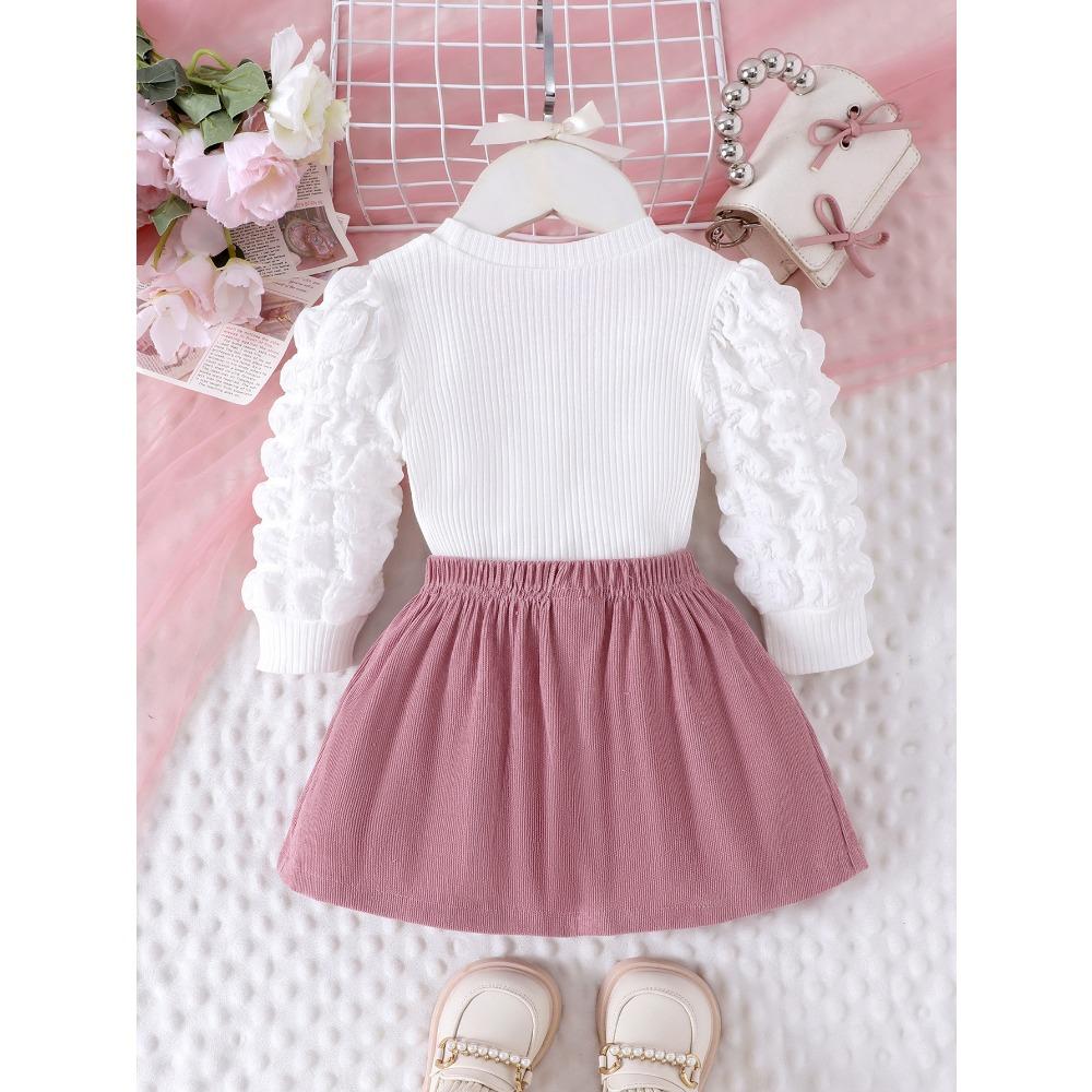 Children's Sweet Suit Spring and Autumn Girls Bubble Sleeve Love Top + Bow Skirt 2pcs Kids 6M-3Y Clothing
