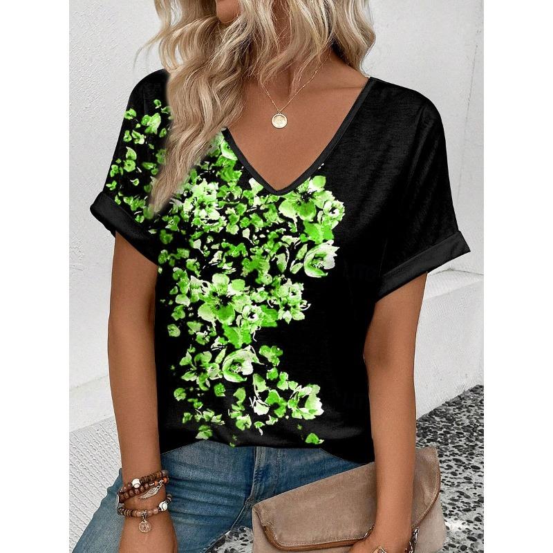 Delicate Watercolor Floral Print Casual T Shirt V Neck Short Sleeve Tee For Women Summer Holiday And Daily Wear