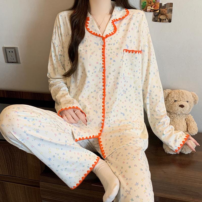 Halbmond-Stickrand Langarm-Pyjama Damen Frühling Neu Imitation Baumwolle Dopamin Polka Dot Loungewear Set