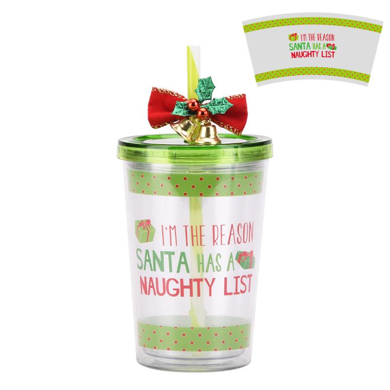 

Рождественский двойной пластиковый стакан для воды с соломинкой, колокольчик, рождественский подарок, стакан унисекс 201-300ml