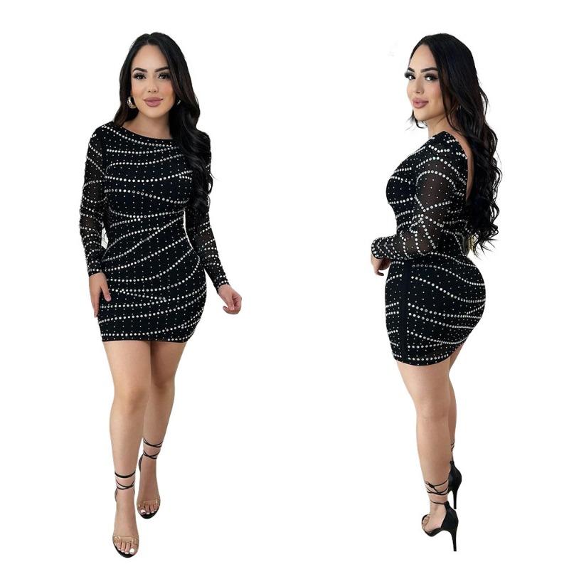 Women's Sexy Round Neck Long Sleeve Hot Drill Bag Hip Party Dress Fashion Halter Short Dress