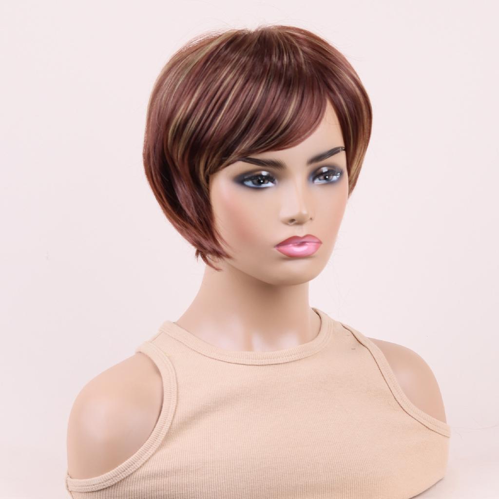 Krátká dámská smíšená blond hnědá paruka Dámské vrstvené paruky s ofinou Dámské přírodní vlnitá paruka Denní použití Party Cosplay tepelně odolné vlákno