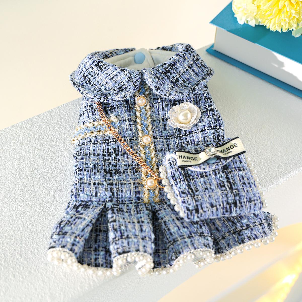 

1-Piece Dog Clothes Cat Dog Pet Dress Autumn and Winter Thickened Warm Blue Skirt with Small Backpack XS