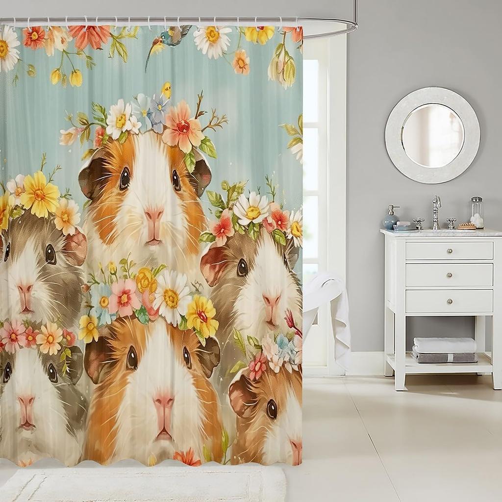 Guinea Pig Shower Curtain Set,Cute Pet Animals Bathroom Curtain,Kids Girls Teens Colorful Daisy Floral Waterproof Fabrics Kawaii