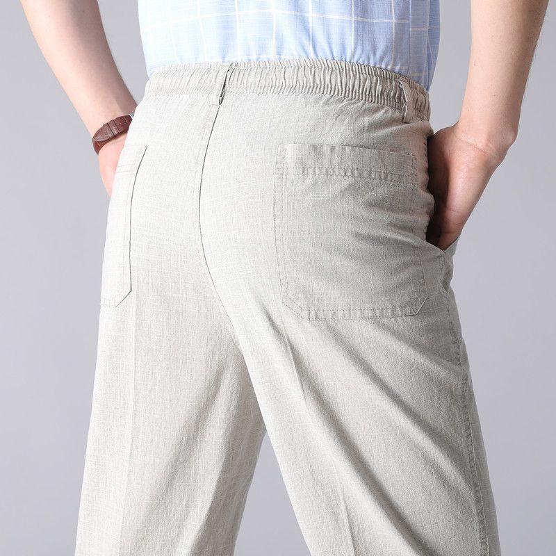 

Летние тонкие льняные брюки мужские повседневные брюки эластичные хлопковые свободные прямые брюки с высокой талией 5XL