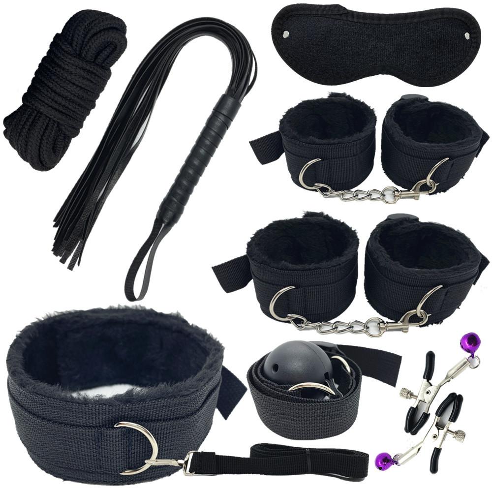 Sexy Nylon BDSM Kit Plush Sex Bondage Set Handcuffs Sex Game Whip Gag Nipple Clip Sex Toy