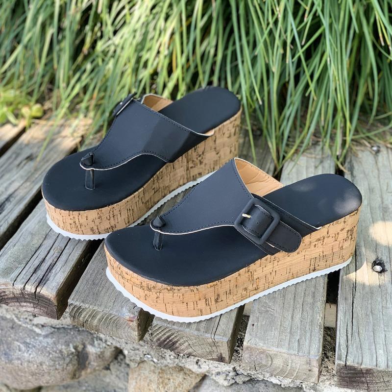 New Large-size Toe Solid Color Thick-soled Slippers Cross-border Independent Station Slope Heel Women's Buckle Fish Mouth Flip-flops
