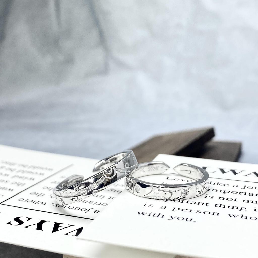 S925 Sterling Silver Star & Moon Couple Rings, Stylish Unisex Design, Perfect for Qixi Festival or Valentine's Day Gift