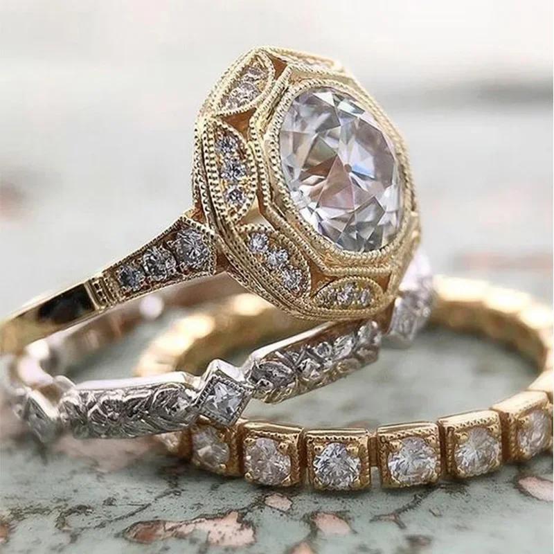 

3PC Women s Romantic Geometric Ring Set Cubic Zircon Stones Luxury Engagement Rings with Unique Shaped Settings 6