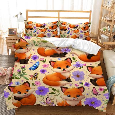 Kids Cartoon Fox Duvet Cover Microfiber Bedding Set Lovely Animal Theme Comforter Cover Twin King For Adults Girls Bedroom Decor