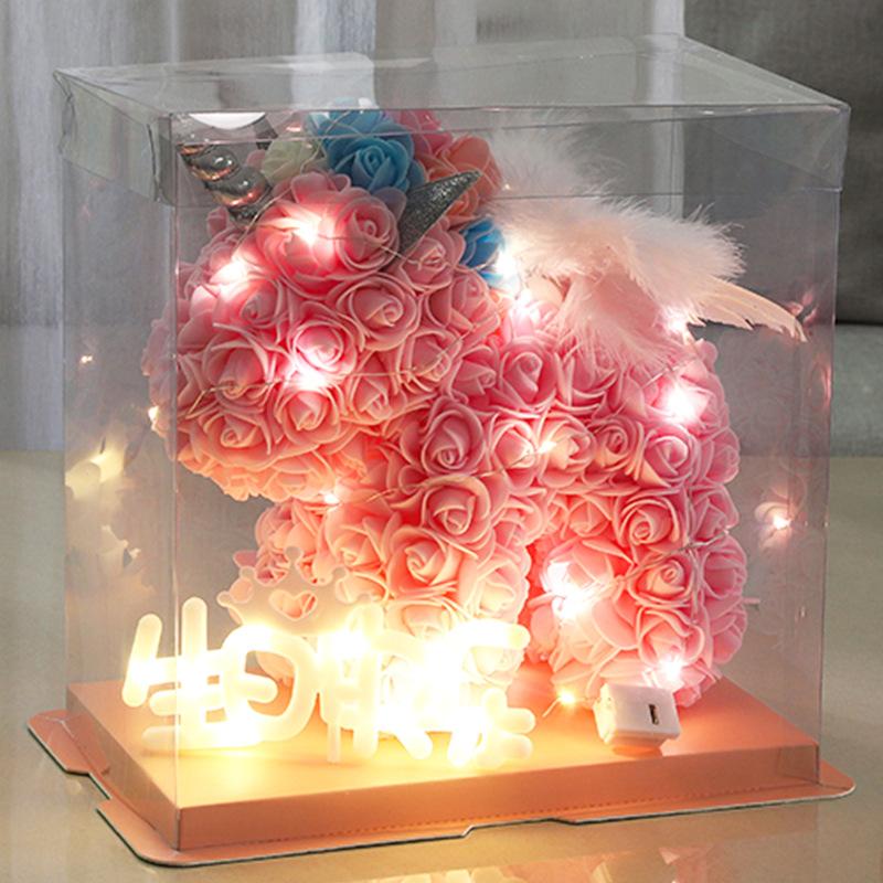 23*23CM Artificial Flower Unicorn with Wings PE Foam Flower Rose Rabbit Valentine's Day Wedding Gift Anniversary Festival Gift Box for Girlfriend