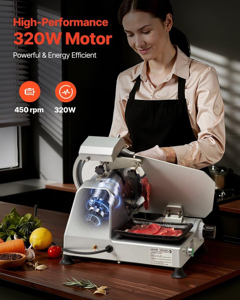 Commercial Meat Slicer, 320W Electric Deli Slicer Machine with 250 mm Sharp Blade, Meat-Slicer with 450 RPM Slicing Speed, 0-10 mm Adjustable