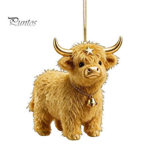 Small Holiday Party Favors Highland Yak Ornament for Christmas Tree Hanging Decor, Cute 2D Flat Unique Acrylic Gift Tags Pendant with Gold String