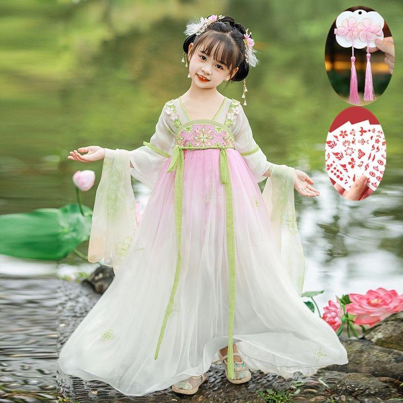 Summer Lotus Hanfu: Girls Short Sleeve Ancient Style Dress Size 110