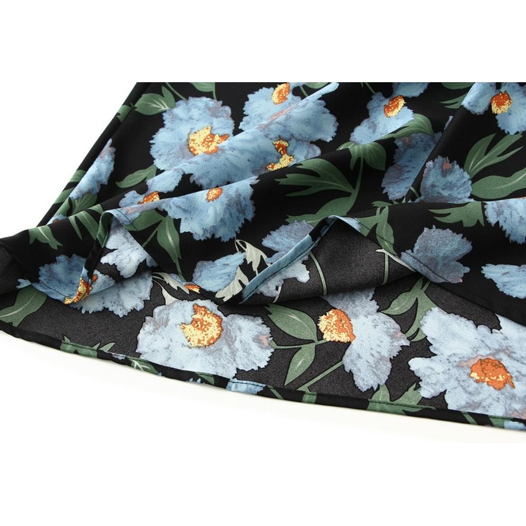 Qooth Maxi Skirt  A Line Fishtail Hem with Floral Print Elegant Elastic Waist QT2760