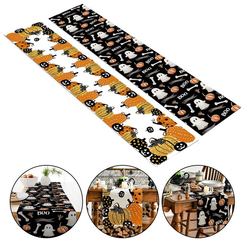 Halloween Table Runner Pumpkin Ghost Pattern Dinner Desk Cover Cloth Spooky Party Holiday Decoration Home Dining Room Kitchen Supplies