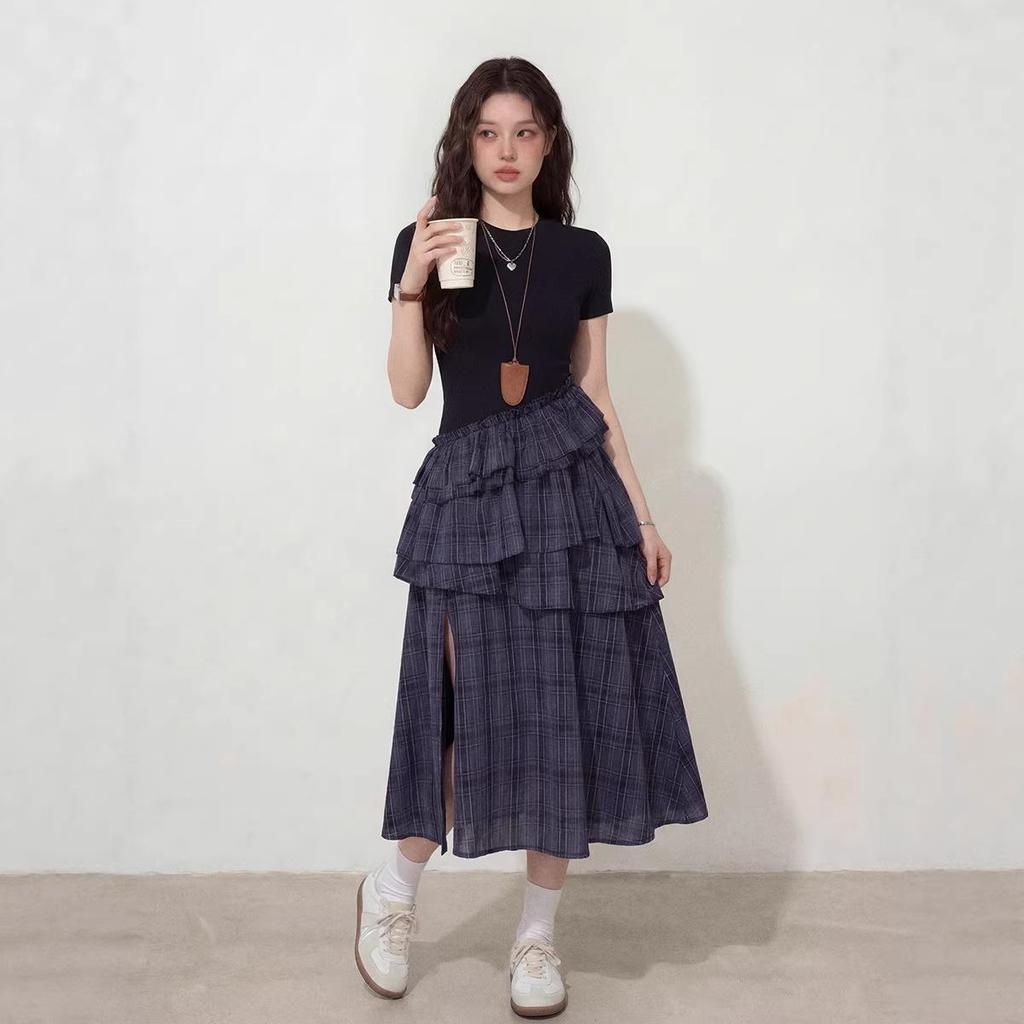 Women's Summer French Plaid Vest Dress with Waist-Cinching and Irregular Hem