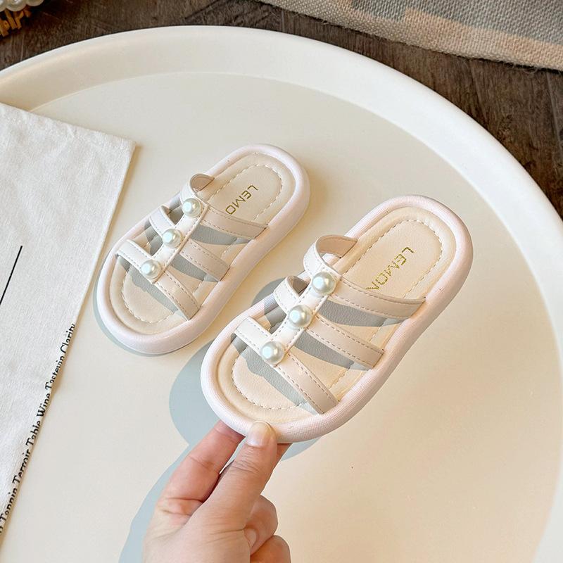 Girls Pearl Strap Flat Slide Sandals