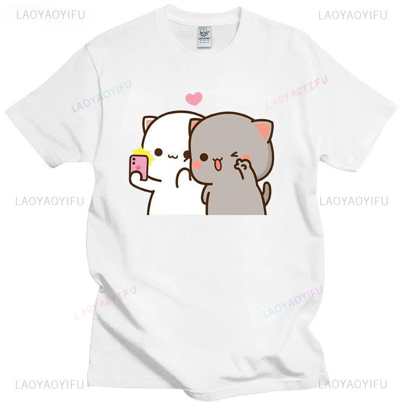 Pfirsich Katze Goma und Mochi Selfie T-Shirt Sommer Baumwolle Kurzarm T-Shirts Niedlicher Druck T-Shirt Mode Harajuku Lustige Partner Tops