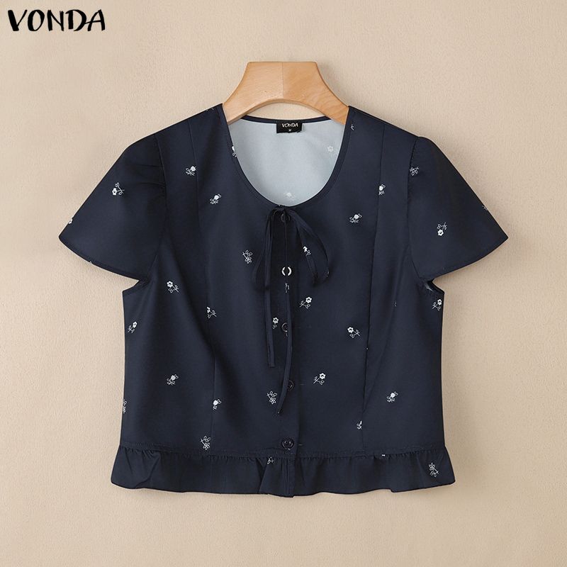 

VONDA Summer Women Round Neck Short Sleeve Print Casual Cropped Blouse 4XL темно-синього кольору