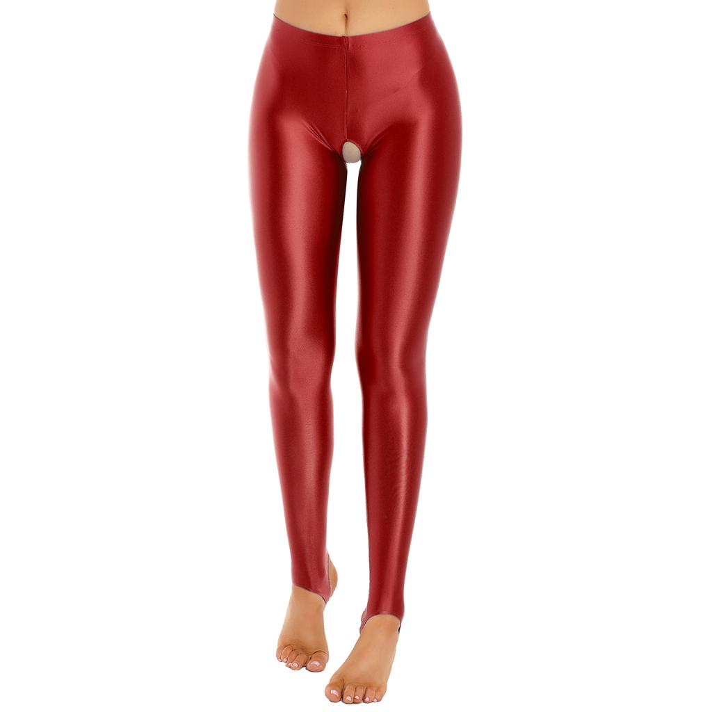 Damen Glänzende Open-Crotch Steg-Leggings Dehnbar Glatt Mittlere Taille Elastischer Bund Skinny Hosen