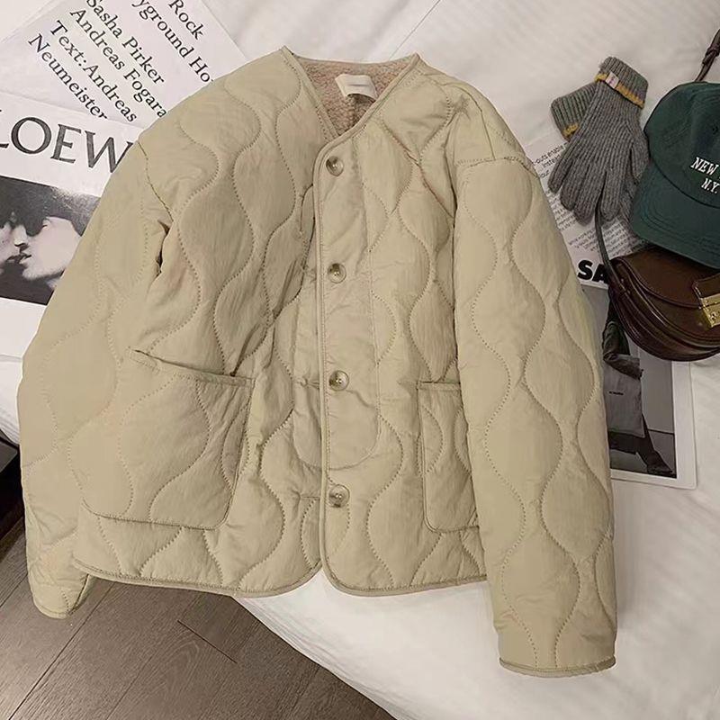 Zimní bunda nadměrné velikosti 2025 z jehněčí vlny s bavlněnou výplní - Korejský styl, Silná s kulatým výstřihem