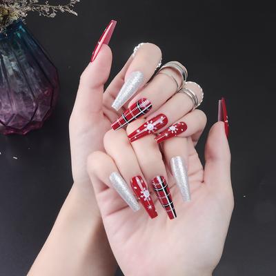 Winter Christmas Wear Nail Snowflake Plaid Big Red Festive Silver Onion Pink Long Ballet Nail False Nail Pieces