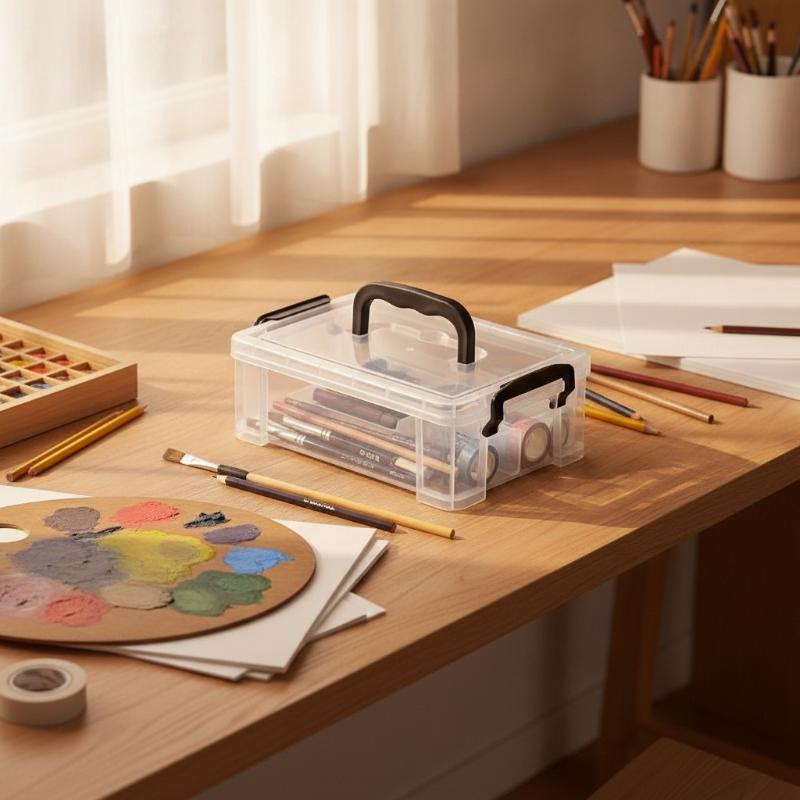 Scatole Portaoggetti in Plastica Trasparente con Manico Portatile Fondo Antiscivolo per Casa Ufficio Organizzazione Hobby