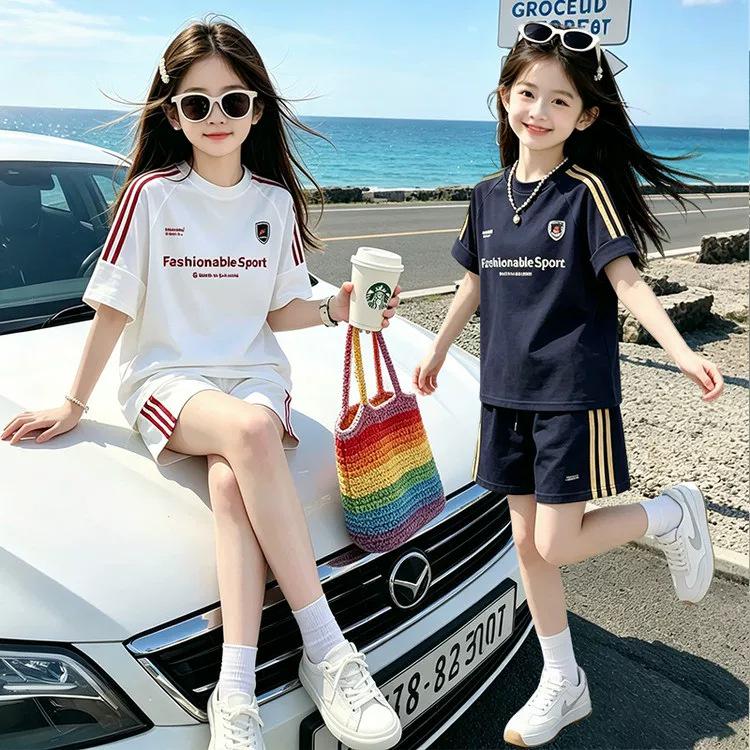 Korean Style Girls' Casual Summer Sportswear Set: Short Sleeve Top & Shorts