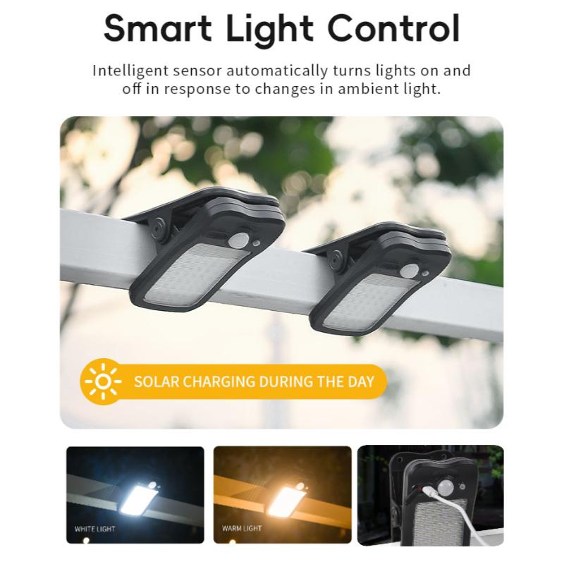 Solar Lights Outdoor Motion Sensor Lights with Clip IP44 Waterproof Wireless LED Spotlight for Fence Wall Pathway Garden Camping