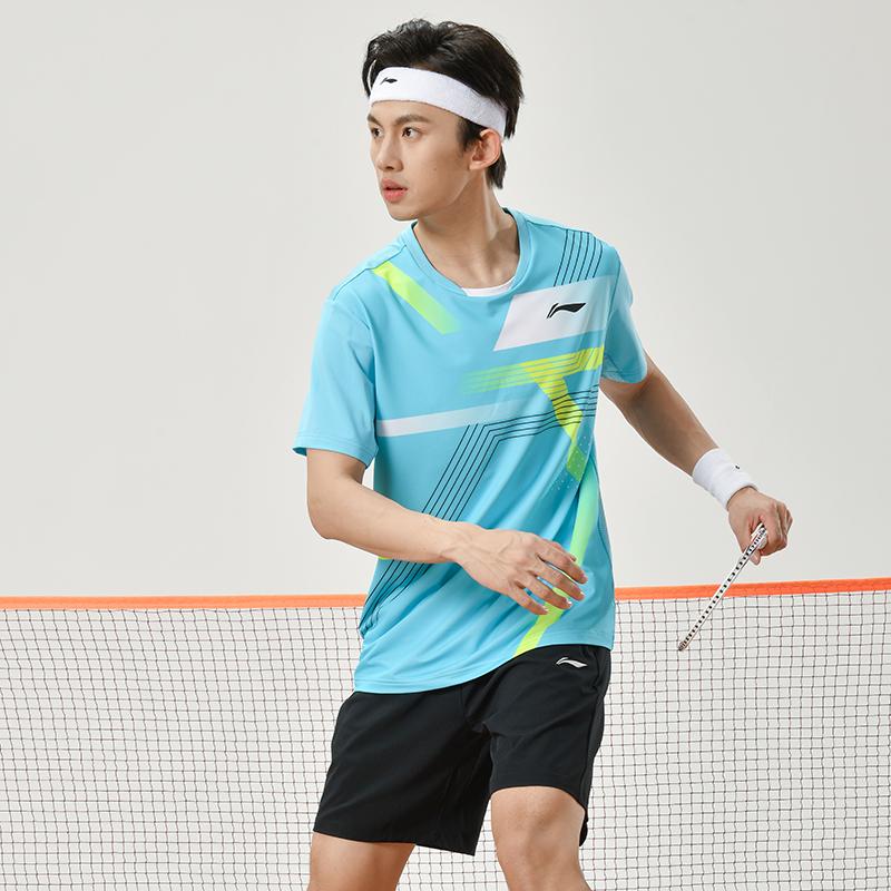 Li Ning Badminton Series Striped Quick-Dry Straight-Cut Short Sleeve T-Shirt Men Tops Sky-Blue AAYU137-3